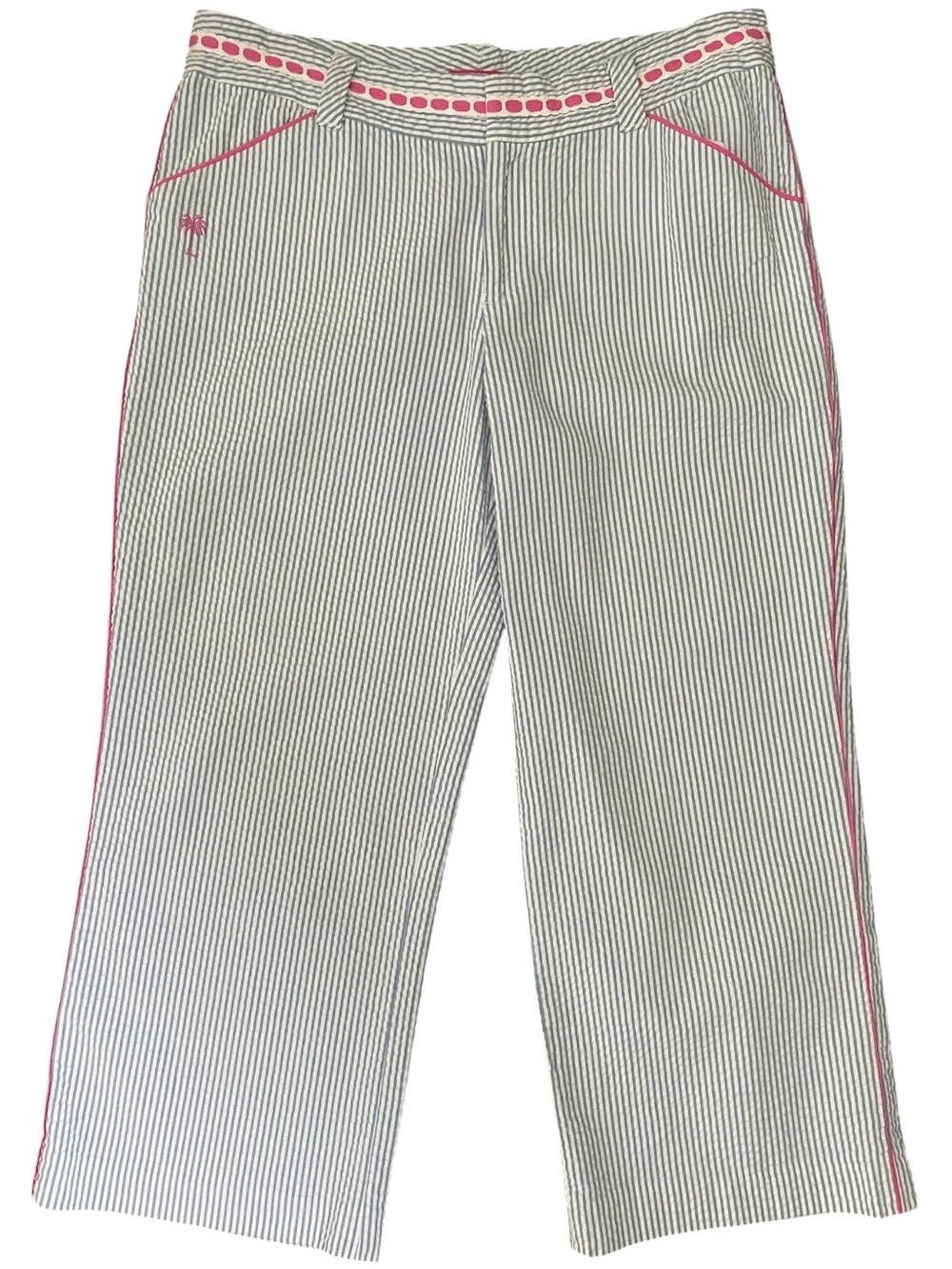 Lilly Pulitzer Blue/White Seer Sucker Wide-Leg w Pink Trim Cropped Pants 8 EUC